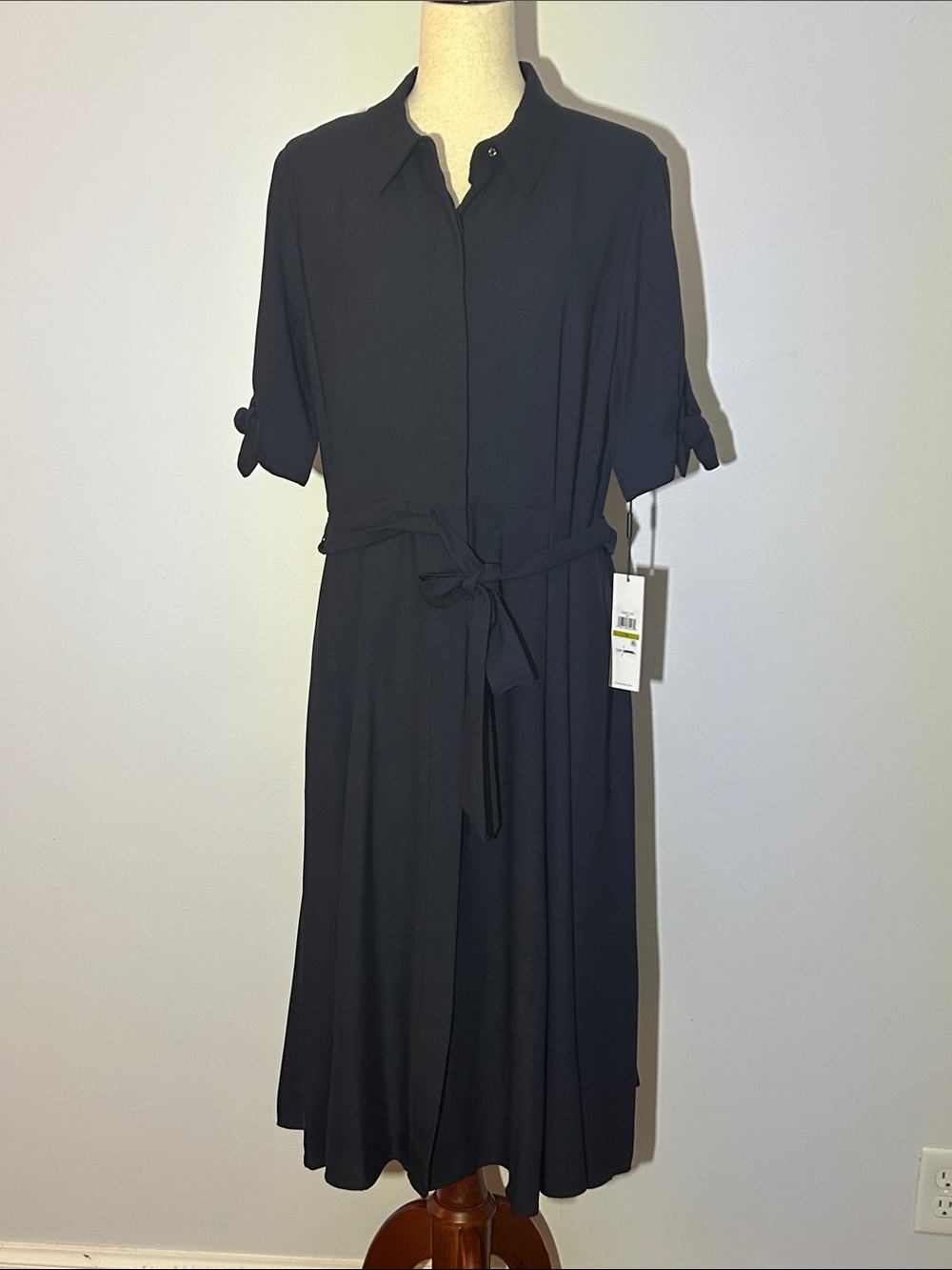 NWT Calvin Klein Navy Midi Shirt Dress with Tie Waist